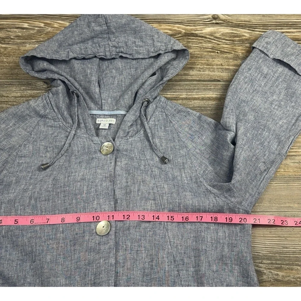 Sigrid Olsen Womens M Jacket Linen Blend Blue Hooded Swing‎ Lagenlook Nautical